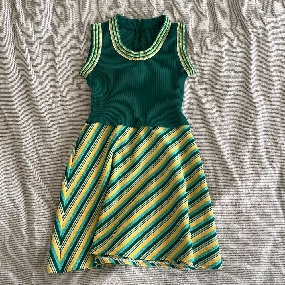Handmade Retro 60s-Style Green Striped Mock Neck A-Line Mini Dress